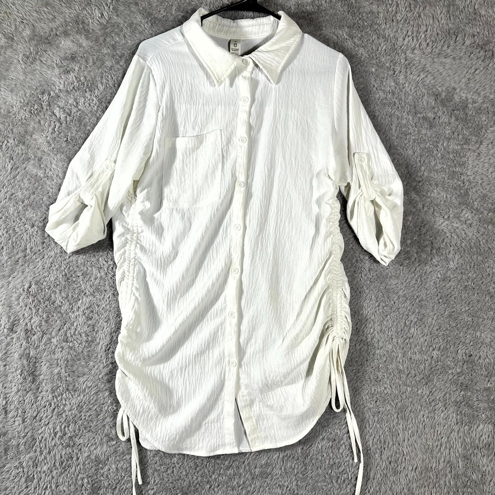 Bar III Shirt Dress Women Medium White Cinched Side Roll Tab Sleeve Button Front